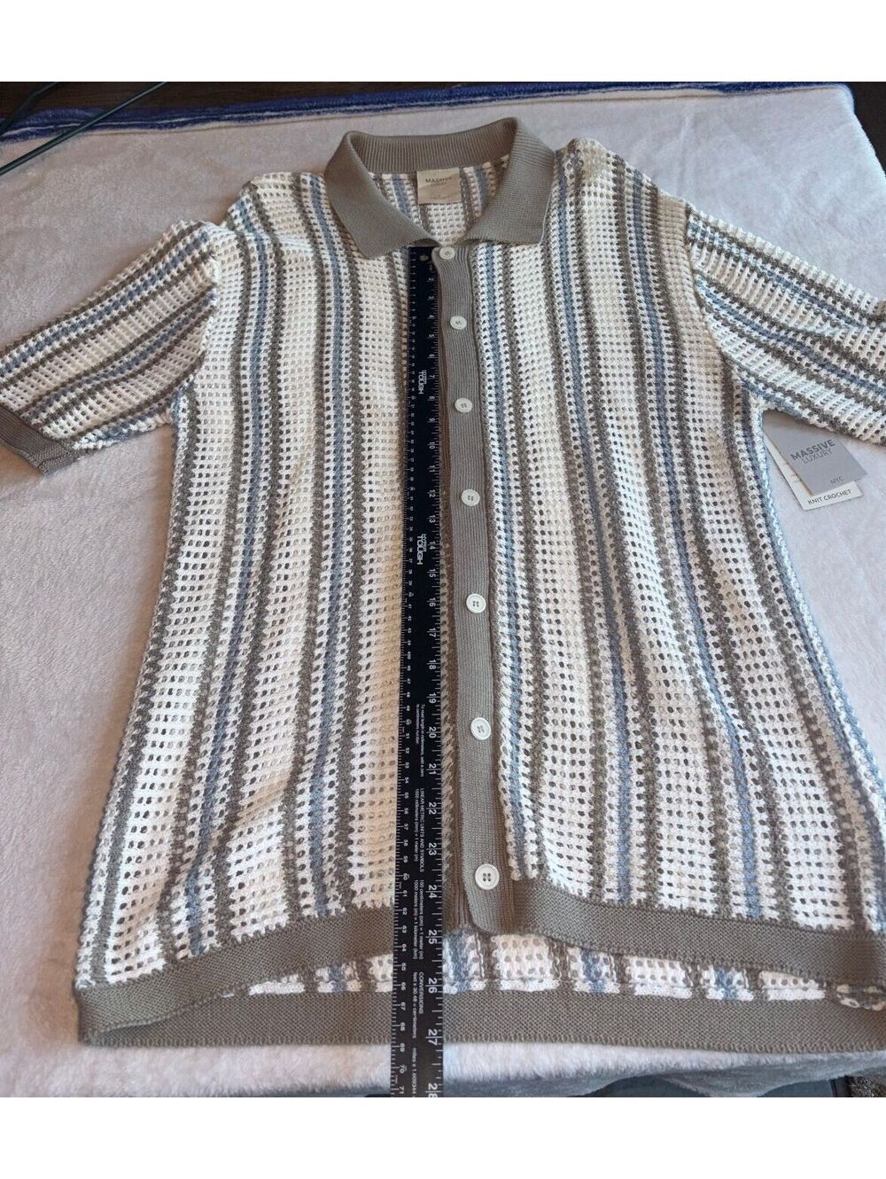 Massive Luxury Men L Crochet Knit Striped Stitch Resort Polo
